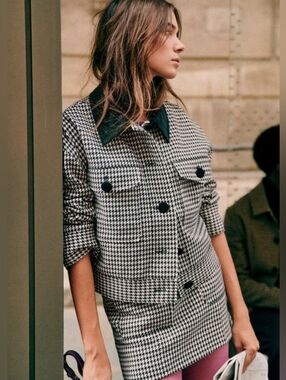 Sezane Erwann Jacket Black/White Houndstooth Size 36 Short Jacket Size Small